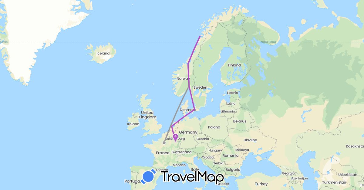 TravelMap itinerary: driving, plane, train in Denmark, France, Netherlands, Norway (Europe)